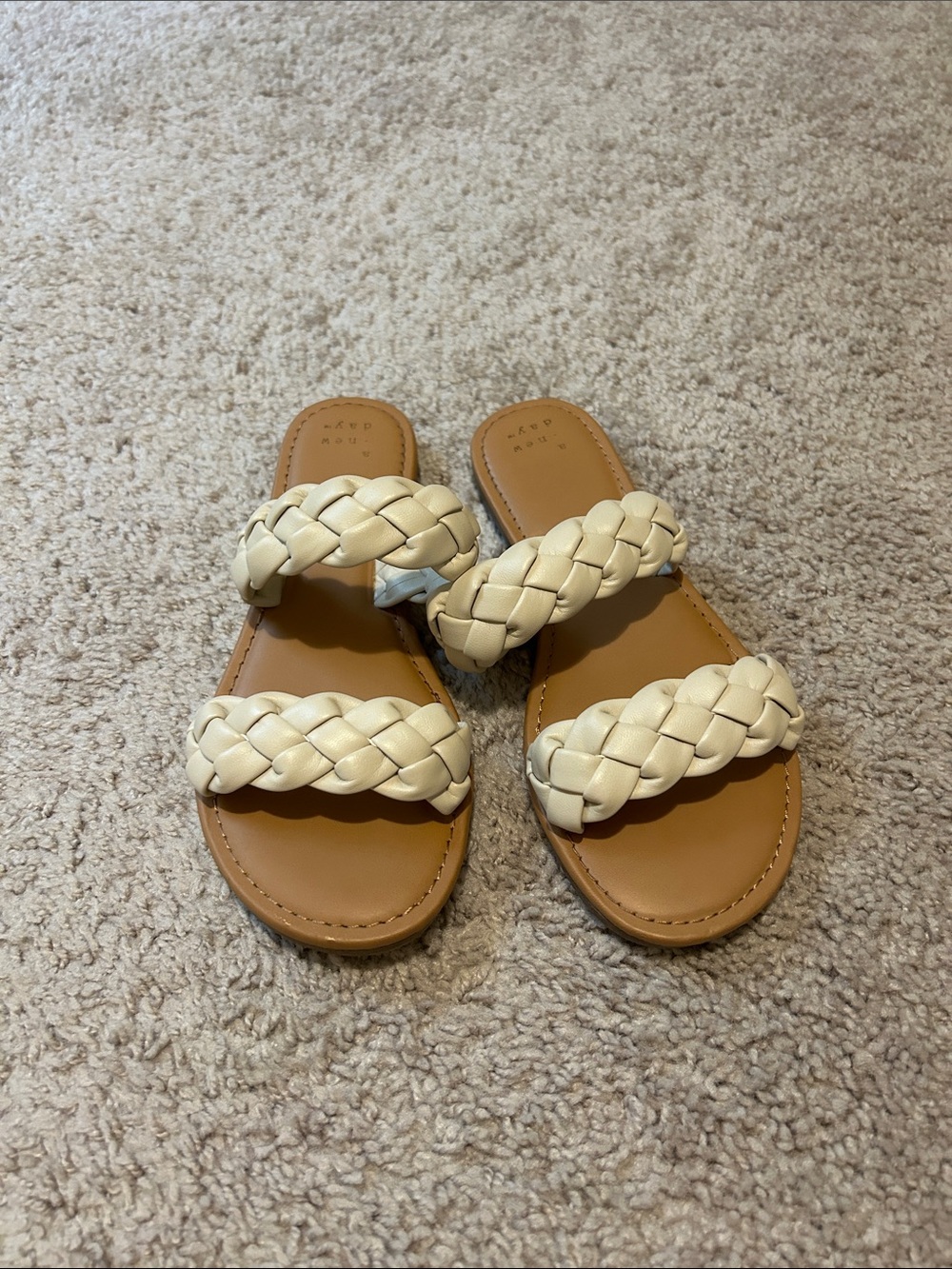 a new day Braided Double-Strap Slide Sandals in Cream and Tan